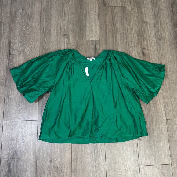 Madewell Bubble Sleeve Top Sz 6 Verdant Green Split V-Neck Pullover Cotton-Silk - Picture 5 of 9